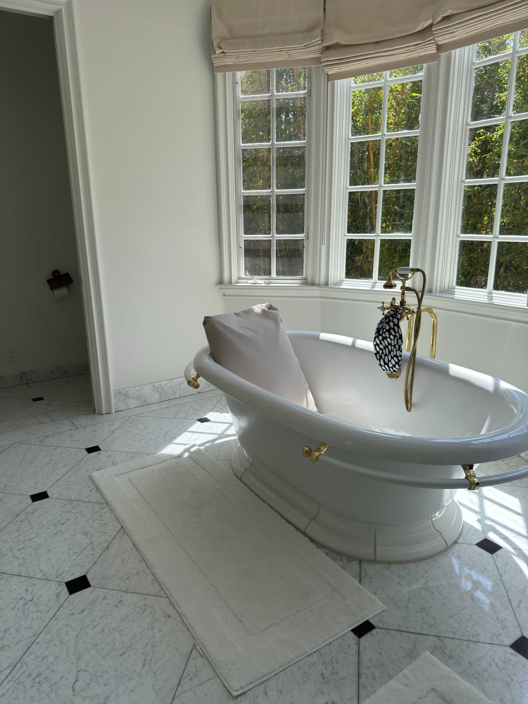 Clawfoot bathtub under bright window spotless clean